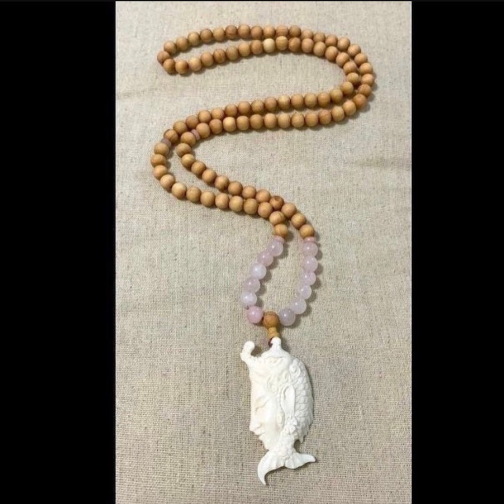 Sandalwood and rose quartz Mala necklace